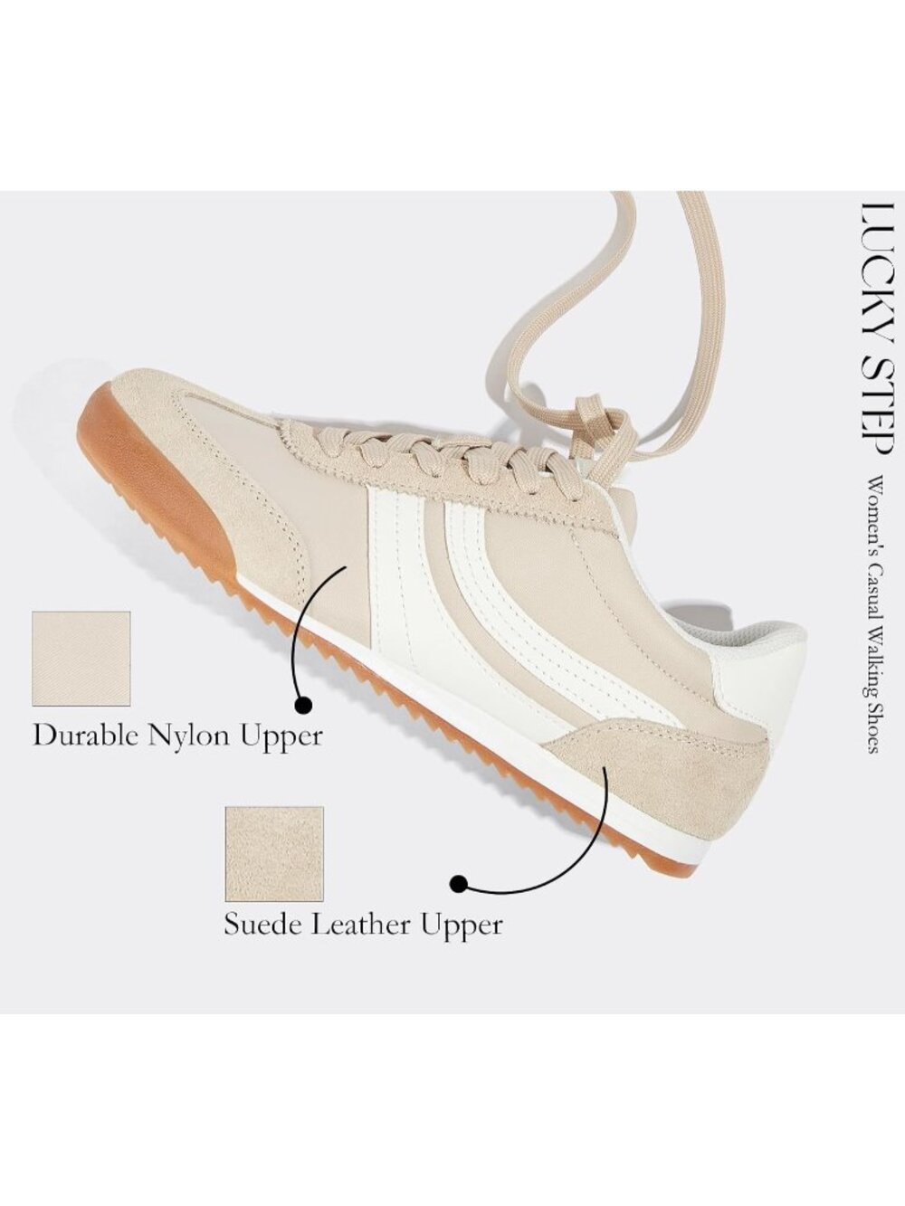Women's Beige Lightweight Thin Sole Lace up Anti Slip Classic Retro Sneakers - Picture 3 of 6